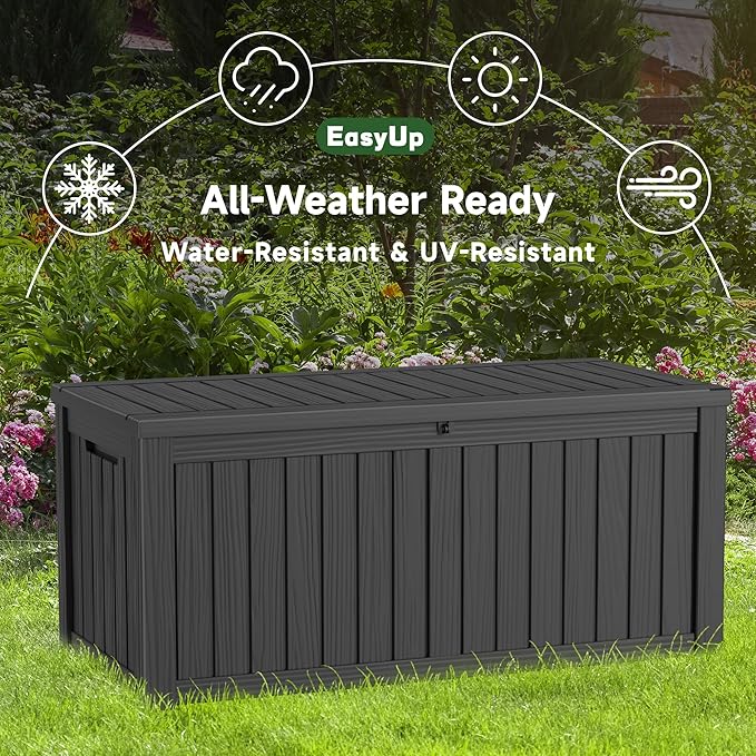 120 Gallon Outdoor Storage Box, Resin Waterproof UV-Resistant Deck Box with Hydraulic Lid Support, Reinforced Stability for Patio, Garden, and Poolside, Striped Black