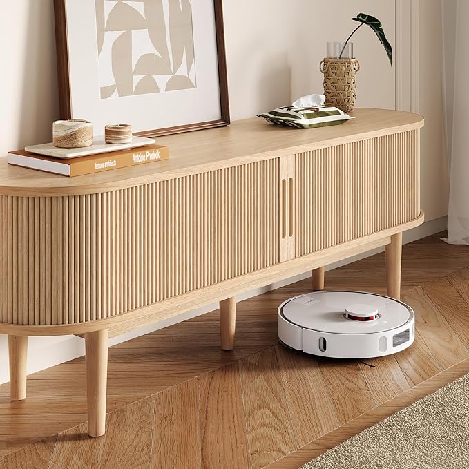 LINSY 58" Fluted TV Stand, Modern Entertainment Center for TVs Up to 65 inches, TV Console with Sliding Doors, Curved Profile Design, Media Console for Living Room, Light Wood