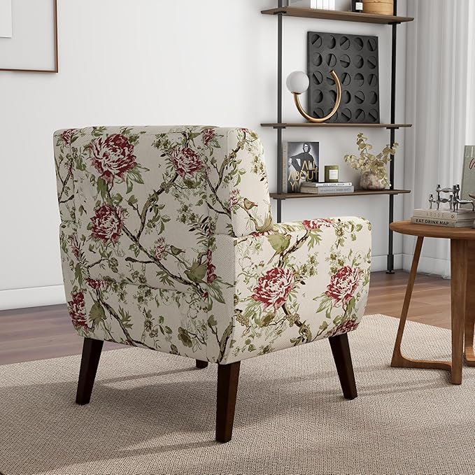 Accent Chair, Modern Linen Blend Arm Chair for Living Room, Bedroom, Comfy High-Resilient Sponge Reading Chair for Small Spaces (Pattern Red Floral, Set of 1)