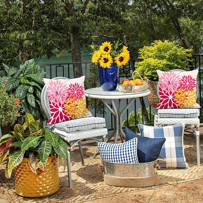 DFXSZ Outdoor Pillow Covers 20x20 Inch Set of 2 Pink Yellow Flower Decorative Waterproof Summer Outdoor Valentines Pillow Covers for Patio Funiture Garden Couch 168J20