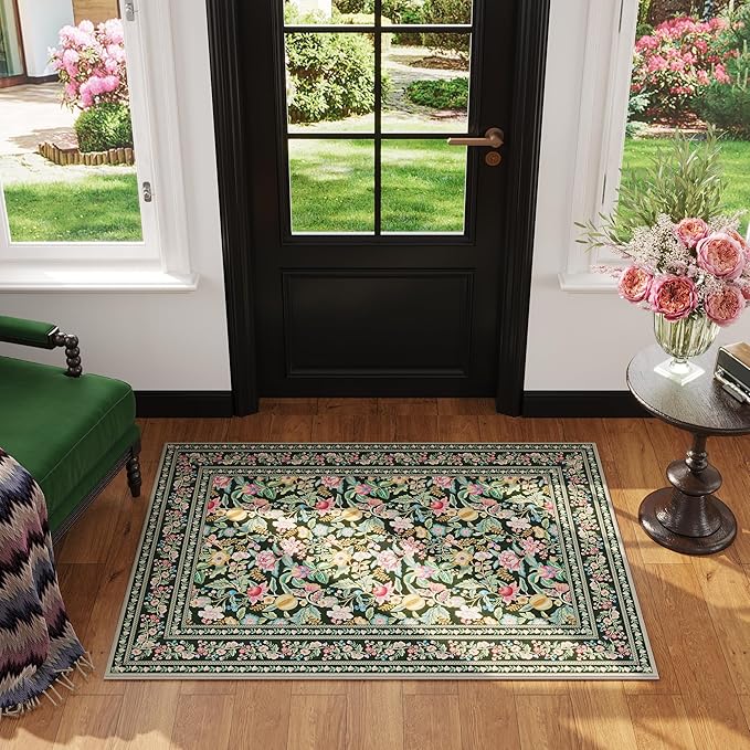 Door Mat Indoor Entrance 2x3 Rug Machine Washable Vintage Floral Small Area Rug Non-Slip Low Pile Throw Rugs for Entryway, Kitchen, Front Door Indoor Entrance, Entry, Kids Room, Green
