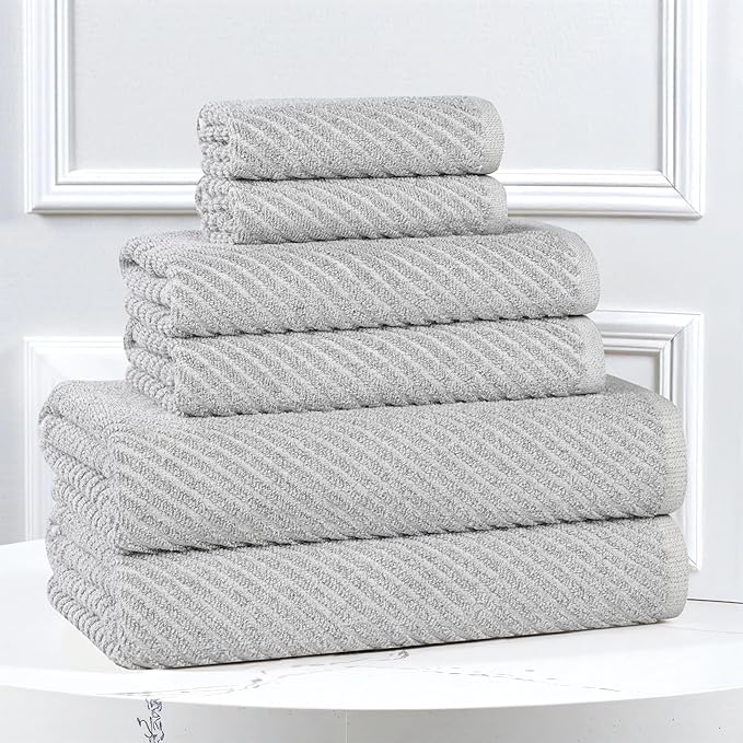 Superior Amelia Viscose Cotton Blend Medium Weight Towels, for Bathroom, Shower, Spa, Plush, Quick Dry, Ultra-Soft Towels, Bath Essentials, Ribbed Design, 6 Piece Assorted Towel Set, Platinum