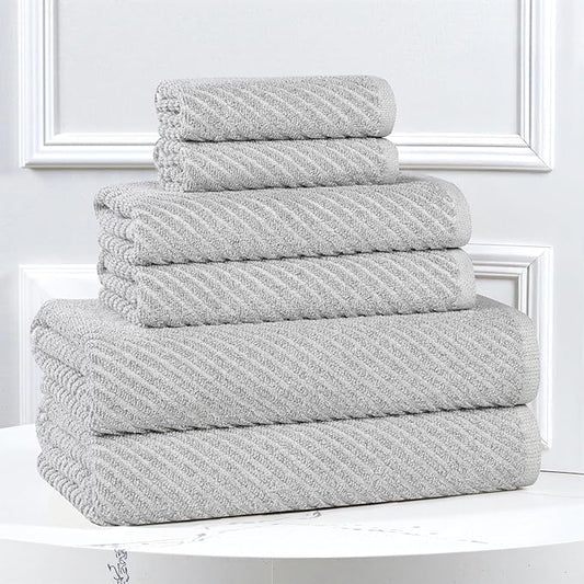 Superior Amelia Viscose Cotton Blend Medium Weight Towels, for Bathroom, Shower, Spa, Plush, Quick Dry, Ultra-Soft Towels, Bath Essentials, Ribbed Design, 6 Piece Assorted Towel Set, Platinum