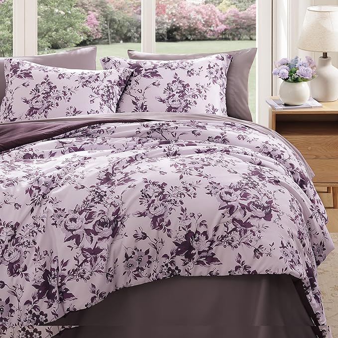 King Comforter Set -7 PiecesDeep Purple Floral Comforter Set for All Seasons, Bed in a Bag King with Botanical Flowers Comforter, Sheets, Pillowcases & Shams