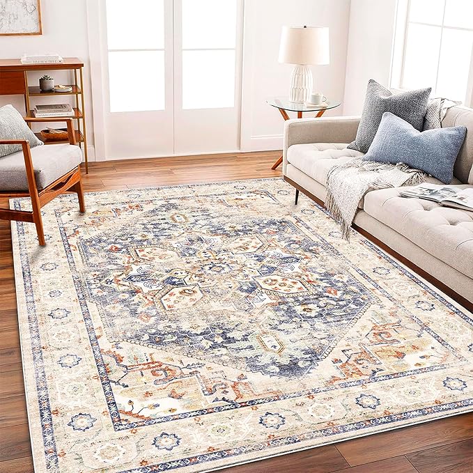 Area Rug 5'x7' Blue Khaki Washable Vintage Traditional Floor Cover Thin Retro Kitchen Indoor Distressed Non Slip Carpet Floral Print Mat for Living Room Bedroom Dining Room