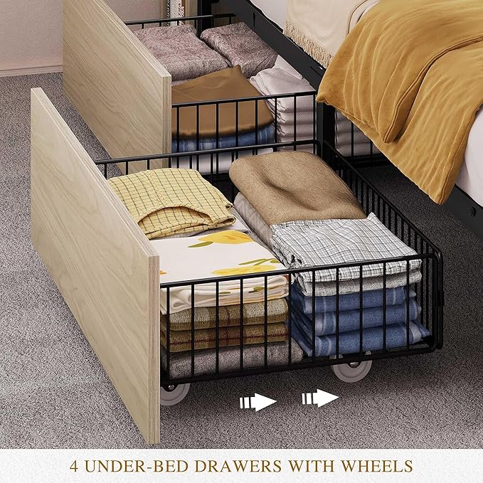 YITAHOME King Bed Frame with Bookcase Headboard and 4 Storage Drawers, RGB LED Light Bed with Type-C & USB Charging Station Storage Headboard Bed Frame, No Box Spring Needed, Noise Free, Antique White