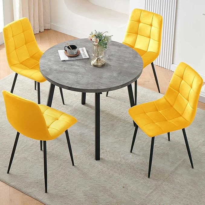 Modern 4-Person Round Dining Table Set, Space-Saving for Kitchen, Living Room, Apartment, Includes Dining Table & 4 Yellow Chairs,Small Dining Room Set for 4
