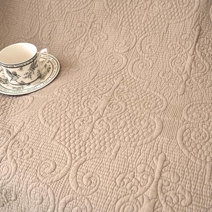 DaDa Bedding Elegant Fringed Cotton Quilted Throw Blanket - Luxurious Solid Soft Paisley Pattern, Cozy Lightweight Lap Throw, Perfect for Couch or Bed, Neutral Sandy Taupe Tan Beige, 50x60 Inches