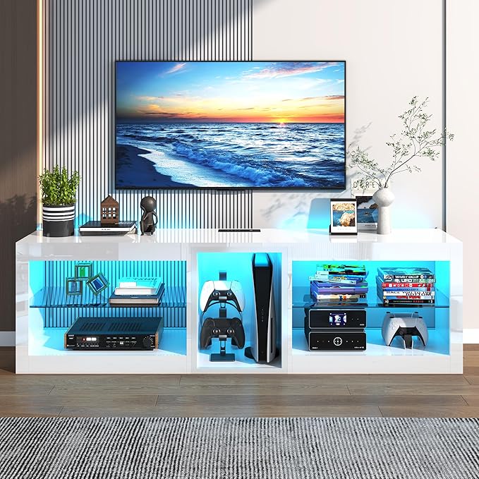 Vinctik 6&Fox LED TV Stands w/Power Outlet,60,00-Colors Lighting for 65 70in TV, 63" Modern High Gloss Entertainment Center,TV Console W/Adjustable Glass Shelves for Living Room Game Bedroom (White)