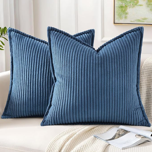 Mecatny Corduroy Throw Pillow Covers 18x18 Set of 2, Neutral Decorative Soft Boho Couch Pillow Covers with Broadside for Sofa Living Room, Navy