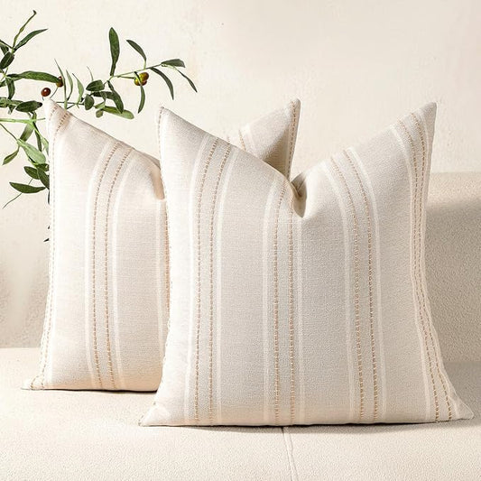 Hckot Hand Made Throw Pillow Covers 22x22 Set of 2 Striped Pillow Covers Linen Decorative Pillows Square Cushion Covers for Sofa Couch Bed Living Room Farmhouse Decor, Khaki