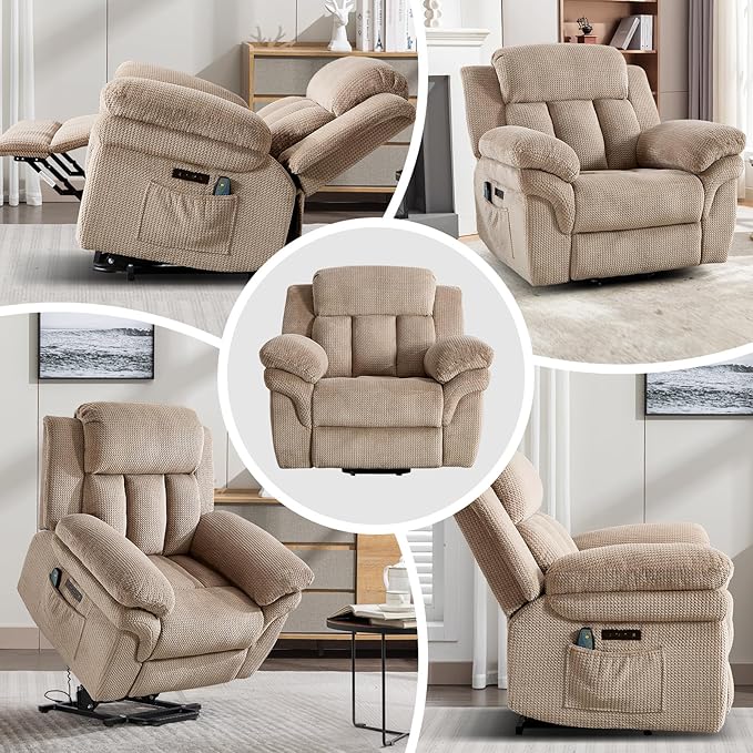 Phoenix Home Oversize Power Lift Recliner Chair with Heat & Massage for Elderly, Extra Large Electric Chair for Adult, Recliners for Living Room,2 Side Pockets, USB and Type-C Port, Light Brown