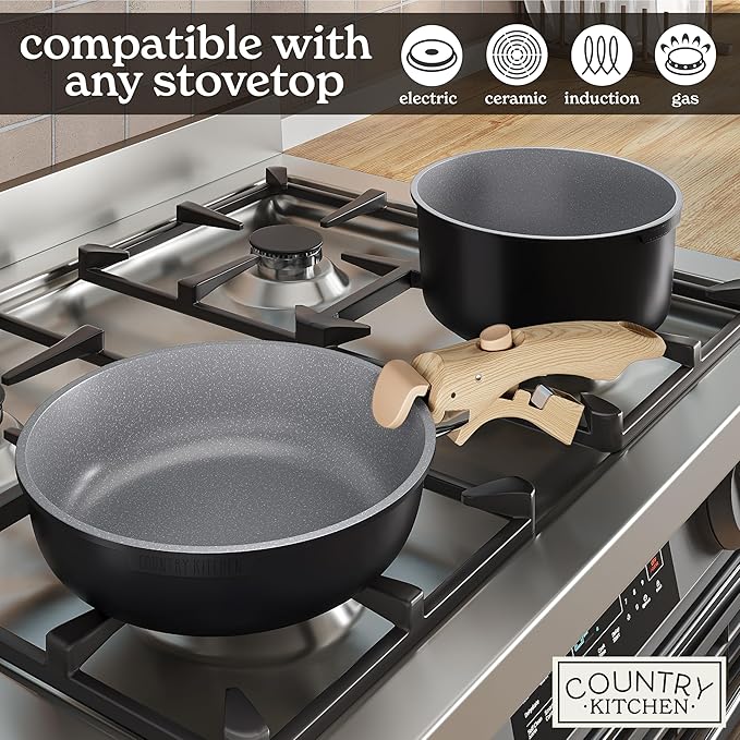 Country Kitchen Cookware Set with Removable Handle, Oven & RV Safe Pots and Pans Set, Black/Grey Wood Handle, Original