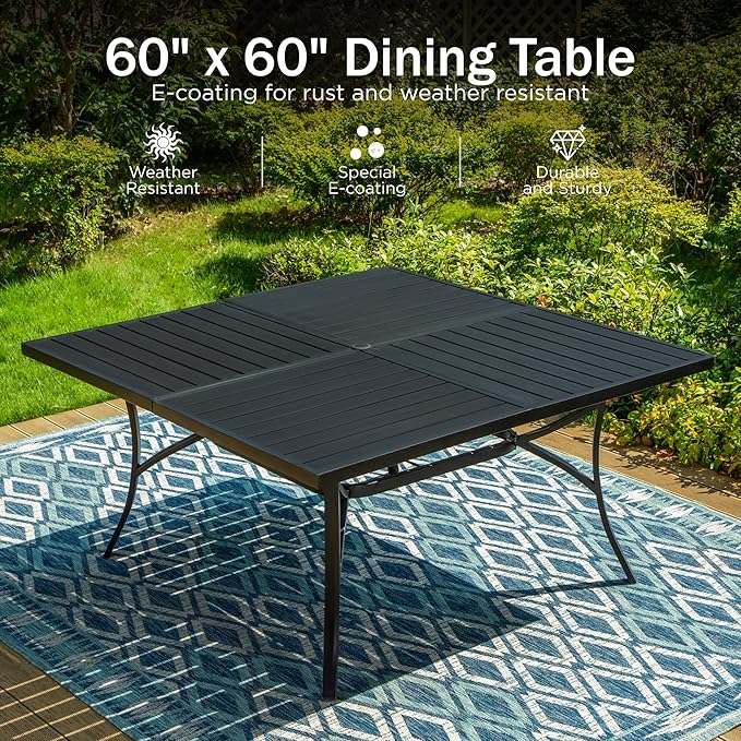 PHI VILLA 9 Pieces Outdoor Dining Table Set for 8, 60” Square Metal Dining Table & Stackable Dining Chairs, Large Dining Furniture Set for Patio, Deck, Yard, Porch