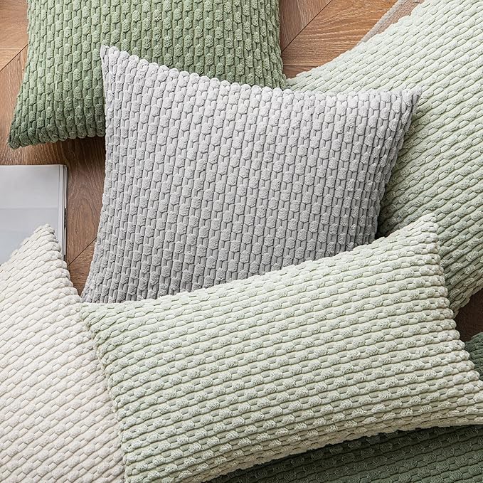 MIULEE Throw Pillow Covers Soft Corduroy Decorative Set of 2 Boho Striped Pillow Covers Pillowcases Farmhouse Home Decor for Couch Bed Sofa Living Room Spring 12x20 Inch Light Green