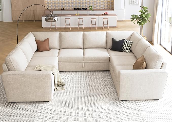 HONBAY Sleeper Sectional Couch with Pull Out Bed, Modular Sofa with Storage Seats, U Shaped Sectional Couches for Living Room, Beige