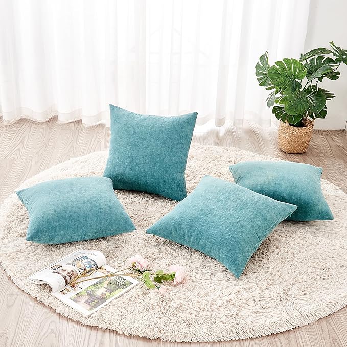 GAWAMAY Decorative Square Throw Pillow Covers 18"x18" Inch Set of 4, Super Soft Chenille Pillows Farmhouse Fall Pillowcase for Living Room Bedroom Sofa Couch Cushion Cover Smoke Blue 45x45cm