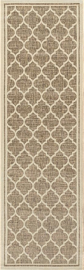 Eyely BMS109A-210 Santa Monica Trebol Moroccan Trellis Textured Weave Indoor/Outdoor Runner Rug Coastal;Bohemian, Bedroom, Backyard, Patio, Easy-Cleaning, Non-Shedding, 2 X 10, Brown/Beige