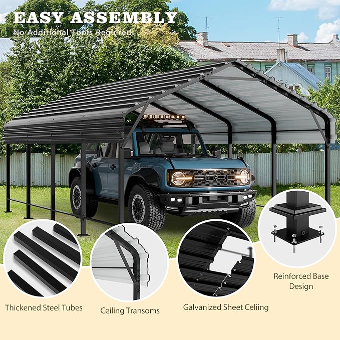 Walsunny Metal Carport 12x20 FT Heavy Duty Carport Canopy with Enhanced Base, Outdoor Car Shelter with Galvanized Steel Roof and Frame Garage for Truck, SUV, Boat, Gray