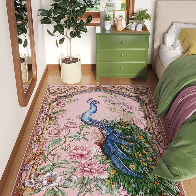 Bedroom Rug 3x5 Rug Washable Area Rug Low Pile Floral Peacock Animal Small Carpet for Bedroom, Bedside, Kitchen, Entryway, Kids Room, Office, College Dorm(Pink)