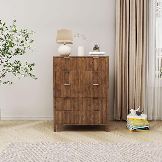 Fluted 5 Drawer Tall Dresser for Bedroom, Mid Century Modern Nightstand with Drawers, Tall Bedside Table for Closet Cloth, Living Room End Table with Storage for Dorm -Walnut