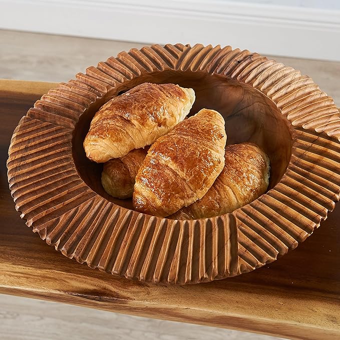 Teak Handcrafted Wooden Bowls Natural Wood Round Utility Bowl 10.9" W Handmade Rustic Serving Platter Fruit Snack Holder for Entry Table Vintage Artworks Dining Room Home Décor