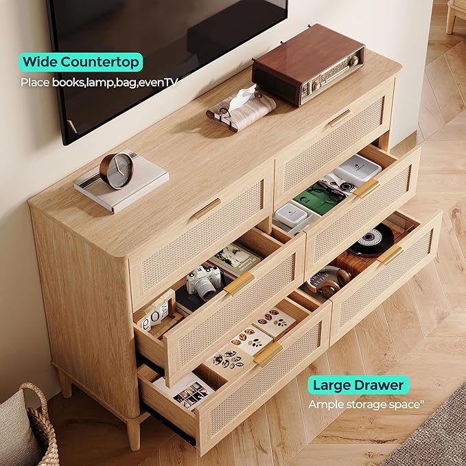 LINSY HOME Rattan Dresser for Bedroom with 6 Drawers, 47" Wide Chest of Drawers, Mid Century Modern Dresser TV Stand with Metal Handle, Wood Closet Storage Cabinet for Living Room, Hallway, Oak