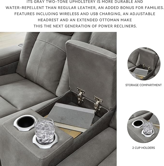 Signature Design by Ashley Next-Gen DuraPella Modern Faux Leather Power Reclining Loveseat with Console & Adjustable Headrest, Gray