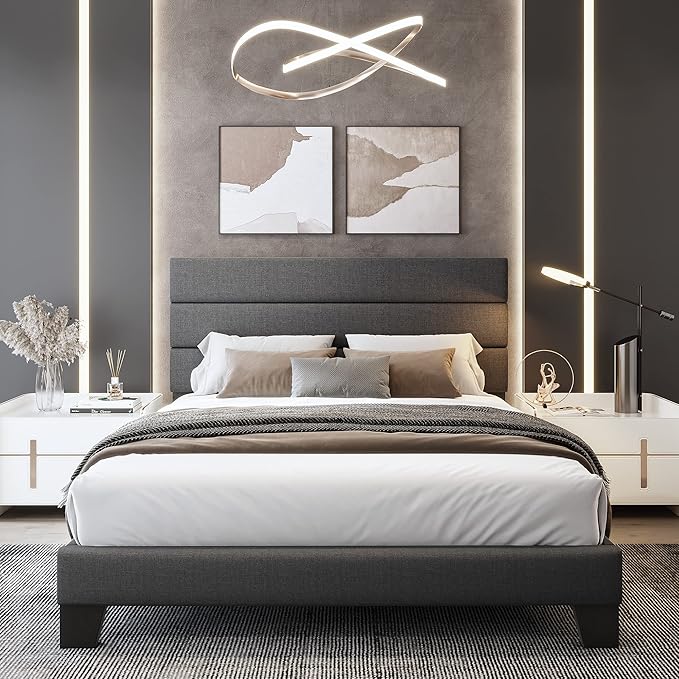 WEEWAY Full Size Bed Frame Platform Bed with Linen Fabric Upholstered Headboard and Wooden Slats Support, Heavy Duty Mattress Foundation, No Box Spring Needed, Easy Assembly, Dark Grey