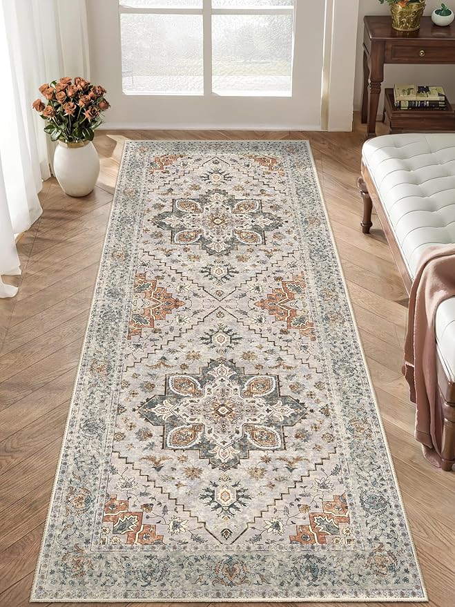 Tangsoo 2x6 Washable Runner Rug for Hallways, Non Slip Vintage Runner Rugs, Soft Low Pile Long, Print Distressed Taupe Carpet Runners for Kitchen Bedroom Entryway Bathroom Living Room