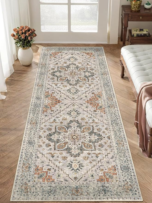 Tangsoo 2x6 Washable Runner Rug for Hallways, Non Slip Vintage Runner Rugs, Soft Low Pile Long, Print Distressed Taupe Carpet Runners for Kitchen Bedroom Entryway Bathroom Living Room