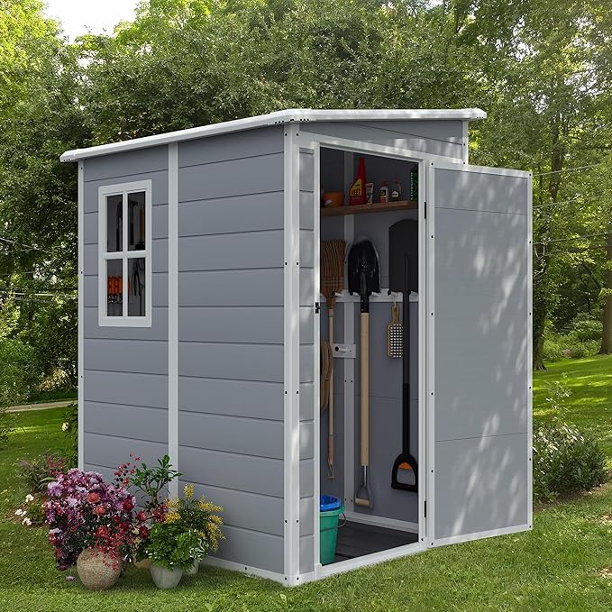 JUMMICO Outdoor Storage Shed, 5 x 4 FT Resin Shed with Floor and Lockable Door, Plastic Garden Tool Outside Sheds for Patio Backyard Lawn