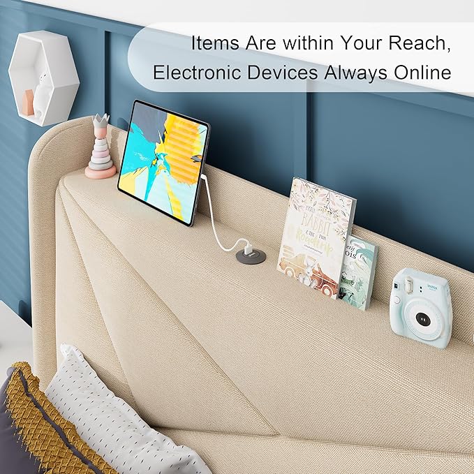 Feonase Twin Size Bed Frame with Charging Station, Upholstered Linen Platform Bed Frame with Wingback Headboard, Solid Wood Slats Support, No Box Spring Needed, Noise Free, Beige