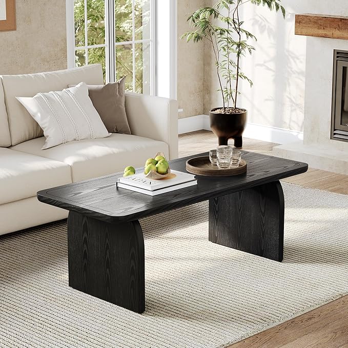 LITTLE TREE Farmhouse Coffee Table, 47 Inches Wooden Center Tables with Rounded Corners, Rectangular Living Room Tables, Modern Low Cocktail Tea Furniture for Living Room (Black)