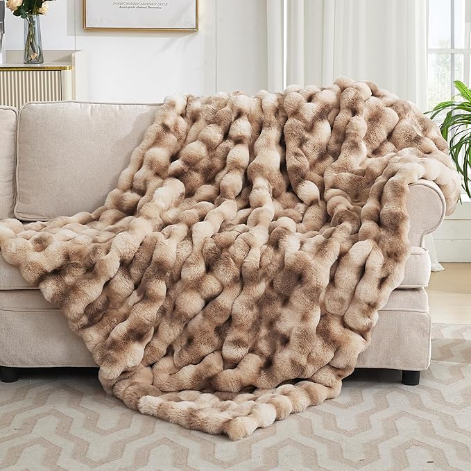Ultra Plush Bubble Faux Rabbit Fur Blanket – 950GSM Thick Fluffy Throw Blanket for Bed, Couch, Sofa, or Gift, 50" × 60", Tie-dye Coffee