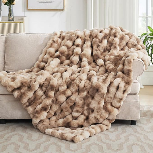 Ultra Plush Bubble Faux Rabbit Fur Blanket – 950GSM Thick Fluffy Throw Blanket for Bed, Couch, Sofa, or Gift, 50" × 60", Tie-dye Coffee