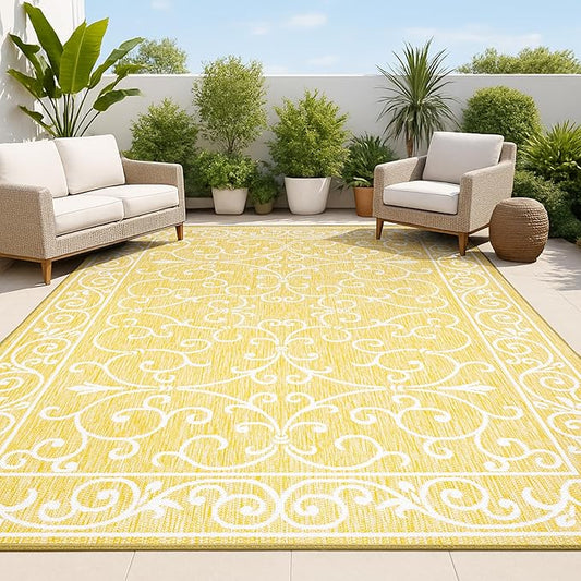 JONATHAN Y Vintage Filigree Indoor Outdoor Area Rug 3X5 Yellow/Cream, Charleston Textured Weave for Backyard, Patio, Porch, Easy-Cleaning, High Traffic, Pet-Friendly, Non-Shedding (SMB106L-3)