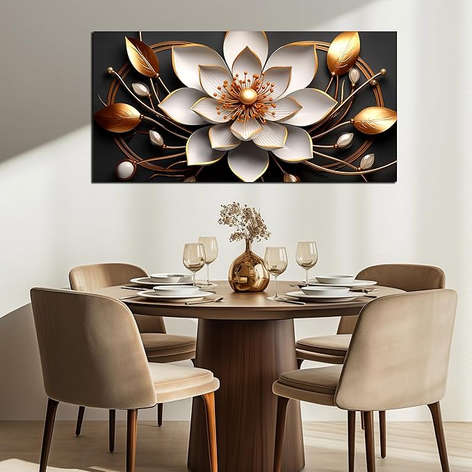 Large Artwork Canvas Wall Art for Living Room Office Room Bedroom Decor Wall Painting White and Gold Flowers Picture Modern Decorative Painting with Frame Ready to Hang Canvas Decor Size 24x48 E