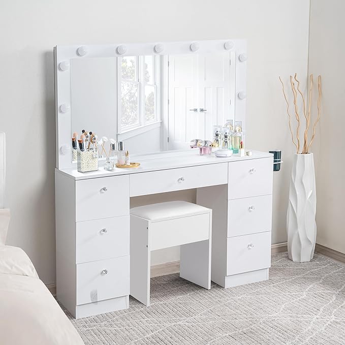 Naomi Home 46" Vera Vanity Set – Makeup Desk with Mirror, 11 LED Lights, Adjustable Brightness & 3 Lighting Modes – Includes Chair and 7 Storage Drawers