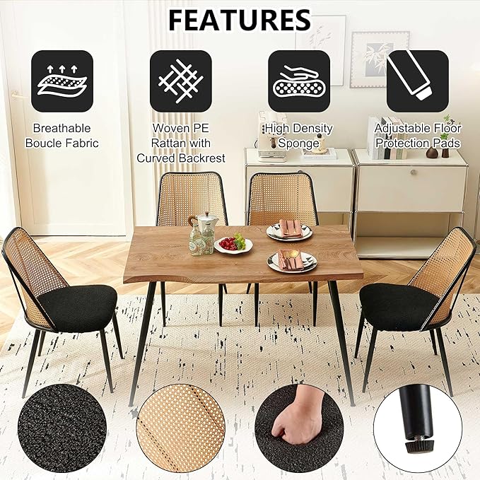 47-Inch Rectangular Dining Table Set for 4, 5 Pieces Kitchen Table Set with 4 Seater Dining Chairs Upholsetered Boucle Room Chairs Curved Rattan Backrest for Kitchen Apartment Restaurant