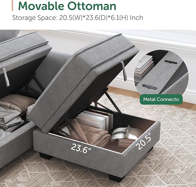 HONBAY Convertible Sectional Sofa with Storage Seat 6 Seat Sofa with Reversible Chaise U Shaped Sectional Couch for Living Room,Light Grey