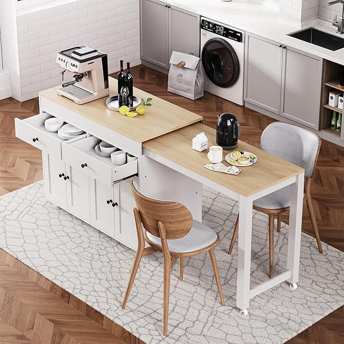 74.5" Rolling Kitchen Island on Wheels with Extendable Dining Table, Storage Cart with 2 Drawers, 4 Door Cabinet, Spice Rack for Kitchen, Dining Room, White