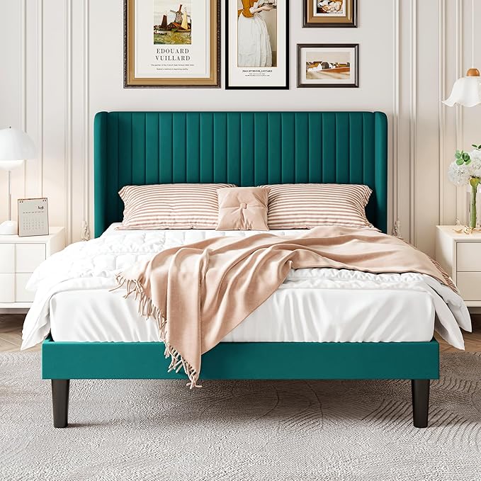 SHA CERLIN Queen Size Velvet Bed Frame with Vertical Channel Tufted Wingback Headboard, Upholstered Platform Bed with Wood Slats, No Box Spring Needed, Easy Assembly, Teal