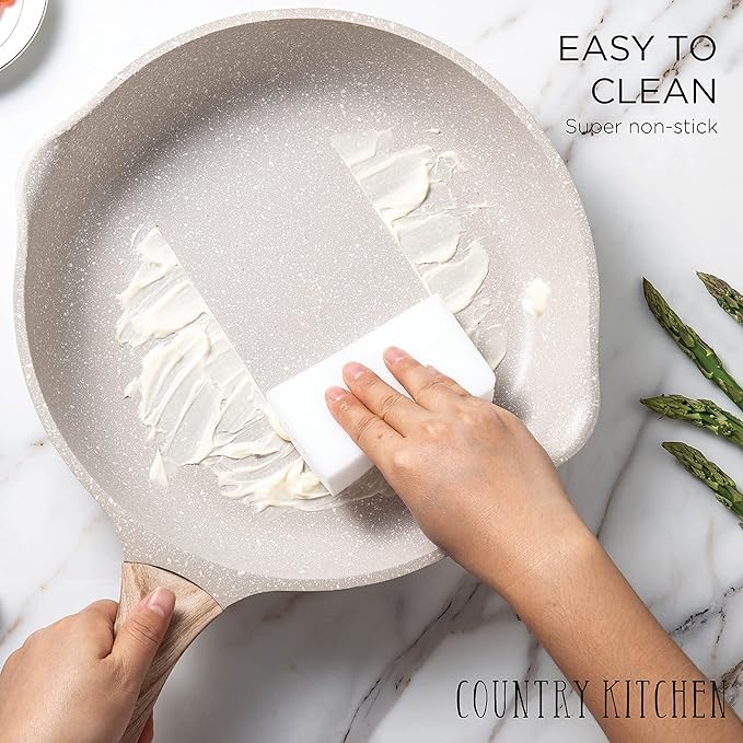 Country Kitchen Non-Stick Cast Aluminum Cookware Set - Durable Kitchen Cookware for Everyday Cooking, Cream, 13 Pc.