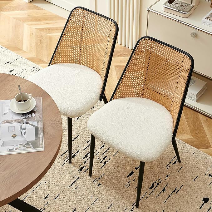 Rattan Dining Chairs Set of 4, Modern Mid Century Dining Chairs Upholstered Kitchen Chairs Boucle Stylish Cane Chairs with Metal Legs for Apartment, Dining Room