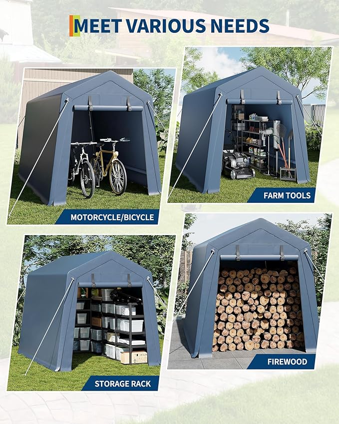 7x12 FT Outdoor Portable Storage Shelter Shed,Heavy Duty Waterproof Tarp,Motorcycle Garage with Roll-up Zipper Door,Storage Tent for Motorcycle Bike Wood Tool Lawn Mower,Gray