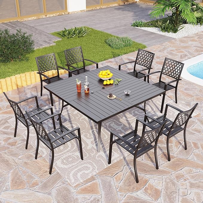PHI VILLA 9 Piece Patio Dining Set, Metal Outdoor 60'' Square Table Furniture Set with 6 Backyard Armrest Stackable Chairs, Table with 1.57'' Umbrella Hole for Patio, Deck, Black