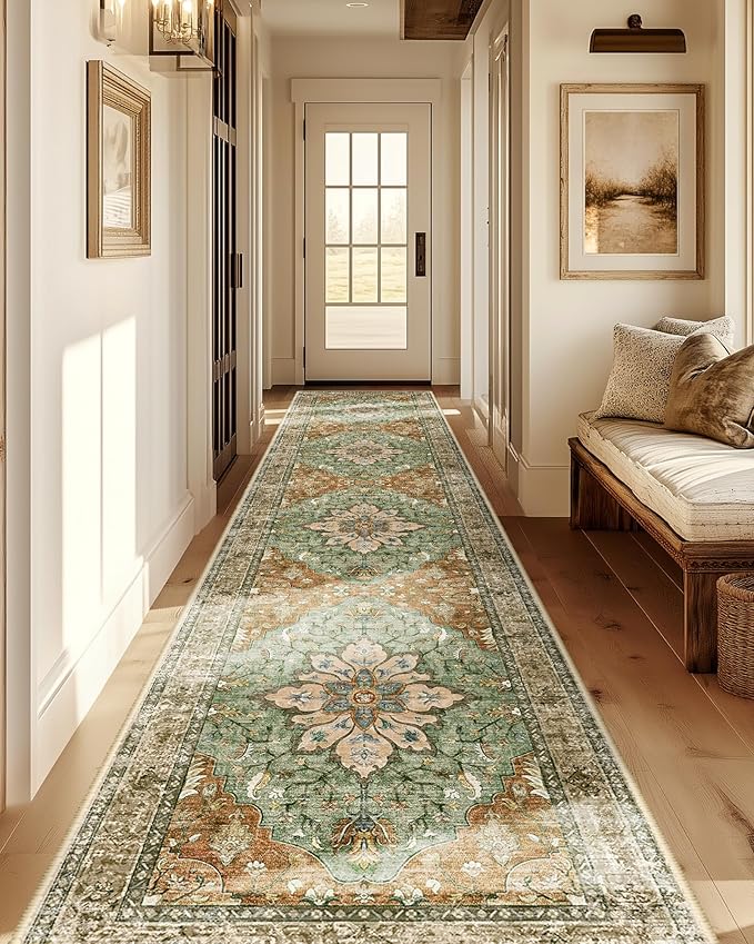 Area Rugs 2'x10' Washable Non-Slip, Floral Vintage Distress Print Pattern Medallion Carpet for Living Room Bedroom Dining Room, Brick Red Rust Neutral Brown Burnt Orange Green