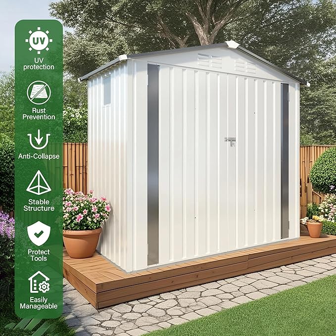 6 x 4 FT Outdoor Storage Metal Shed, Bike Garden Tool Shed with Slooping Roof, Lockable Doors and Aluminum Frames, Shed Easy to Assemble for Garden, Patio, Lawn, White