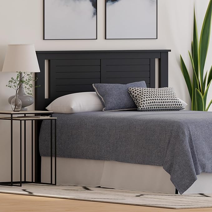 Serene Poplar Wood Full Headboard, Modern Farmhouse Panel with Horizontal Scoring, Full Size Headboard in Black, Casual Coastal Style, Easy Assembly, Quality Materials